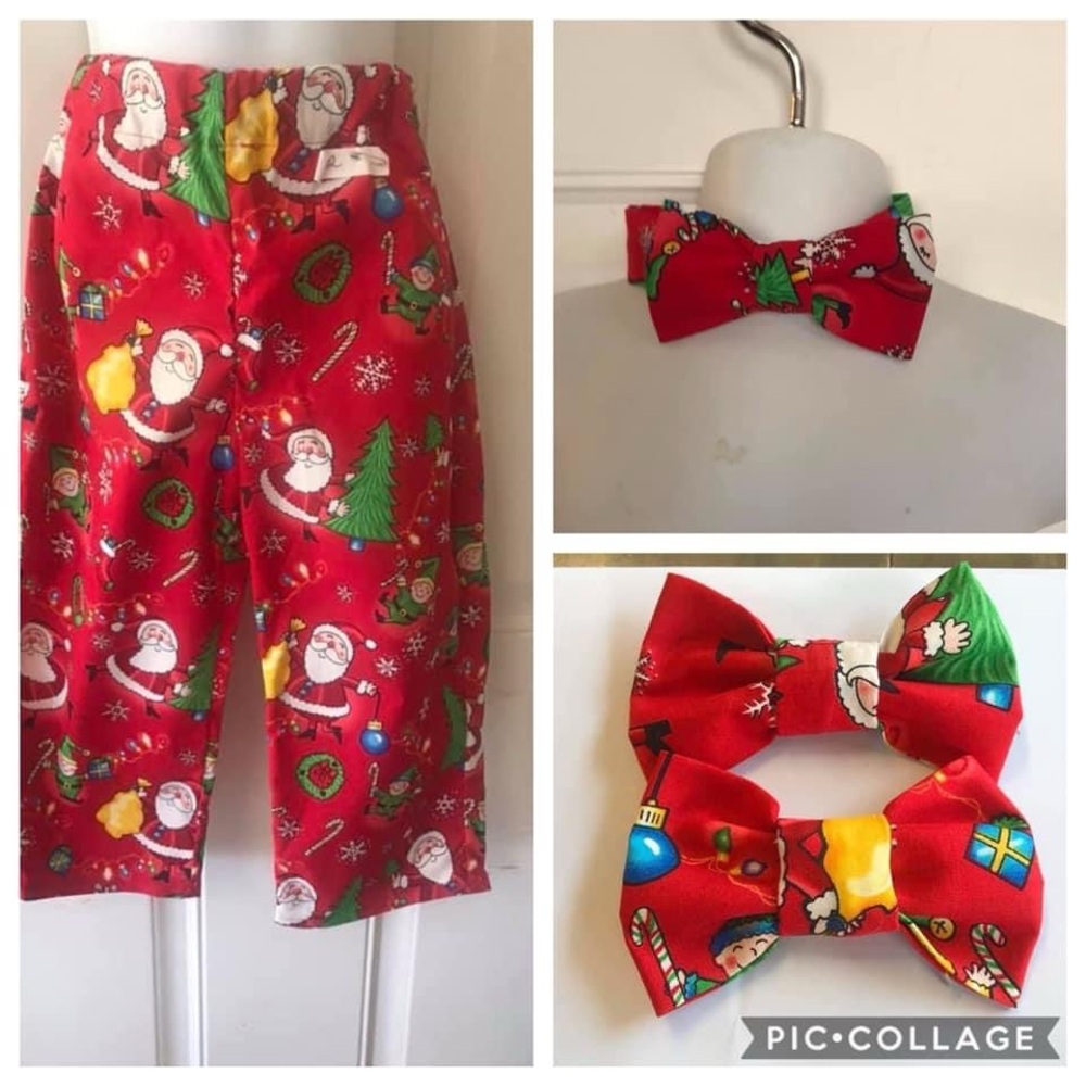 NWOT Unisex size 2 Custom made Santa, wreath, elf Santa Christmas pants/bows/tie